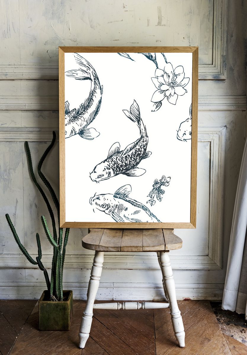 Koi Fish Botanical Line Art Poster room preview
