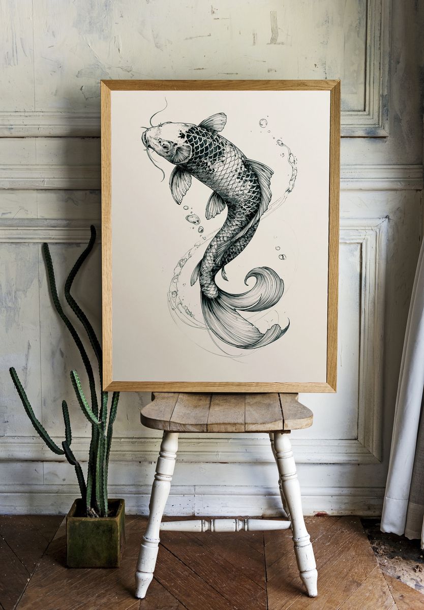 Koi Fish Ink Illustration Poster. — room view 1