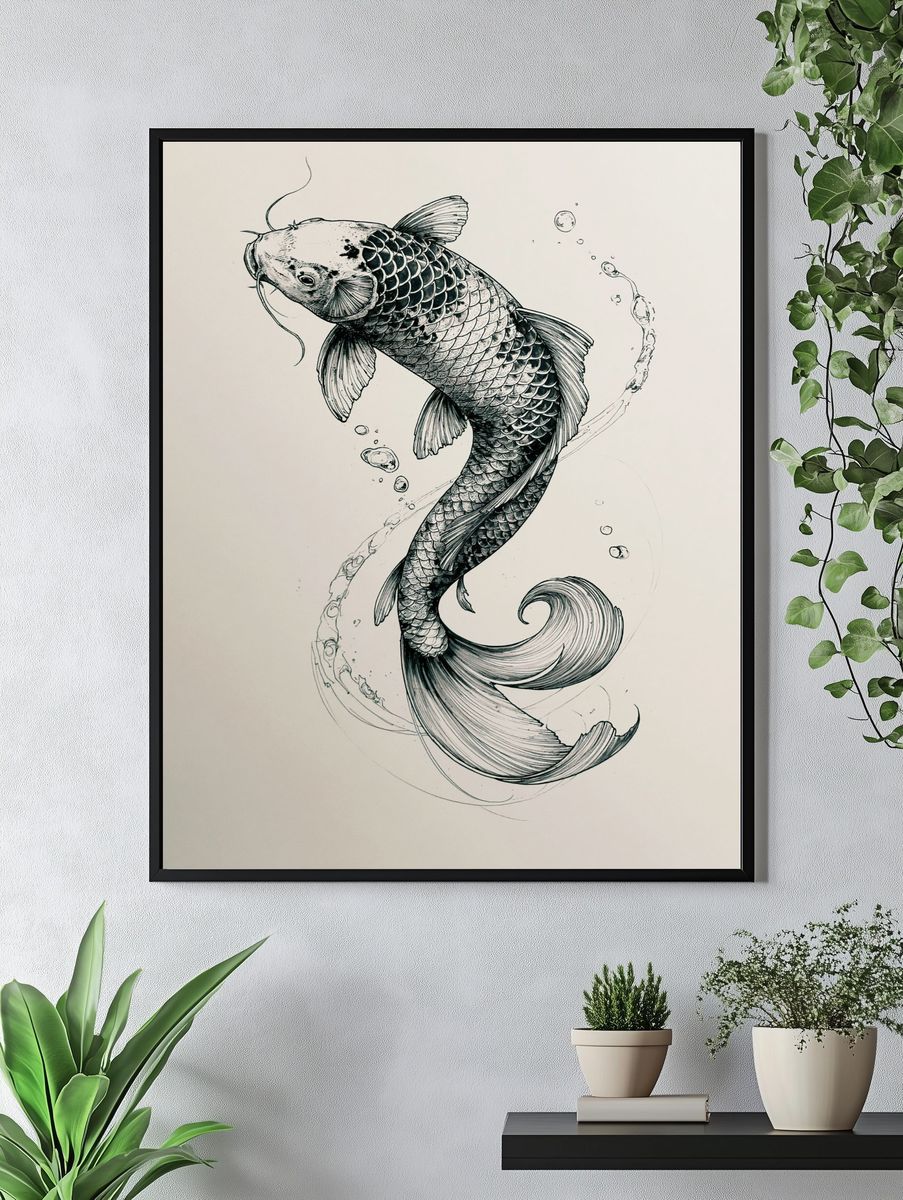 Koi Fish Ink Illustration Poster. — room view 4