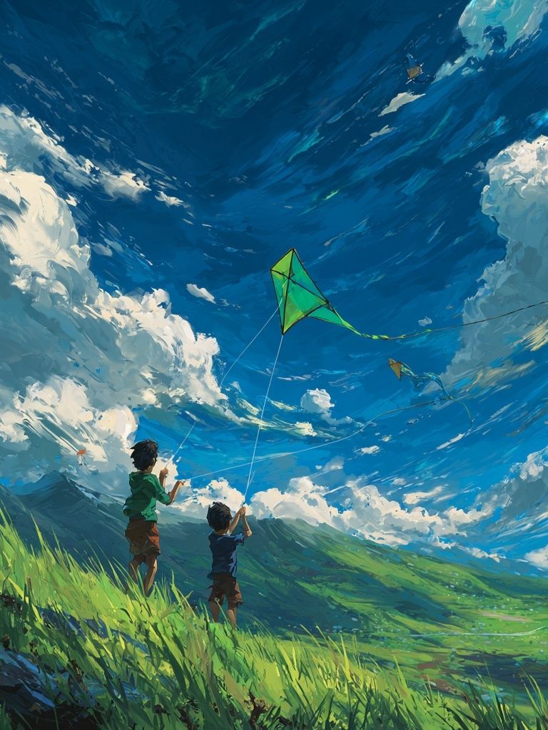 Kids Flying Kites — Digital Art Print. poster detail