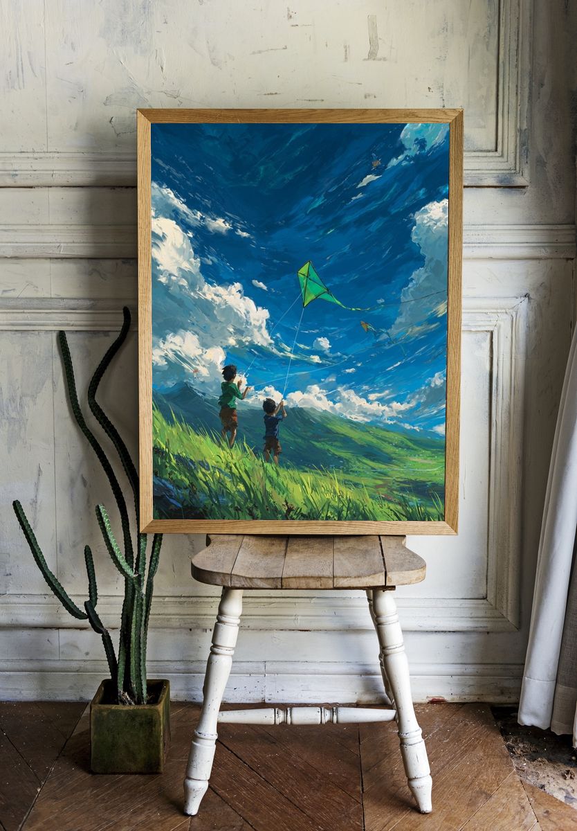 Kids Flying Kites — Digital Art Print. room preview