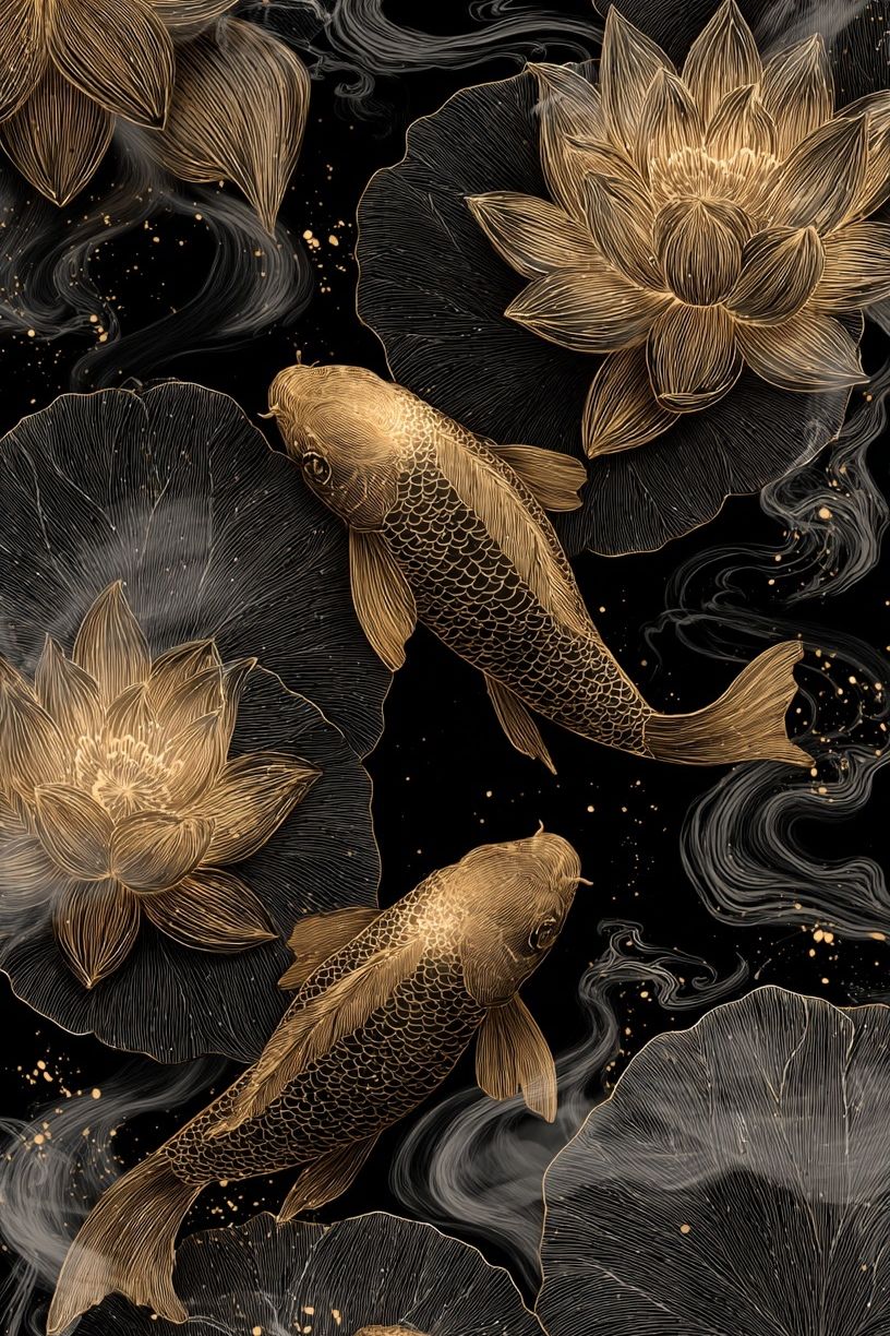 Koi Fish and Lotus — Art Print. poster — fine-art art