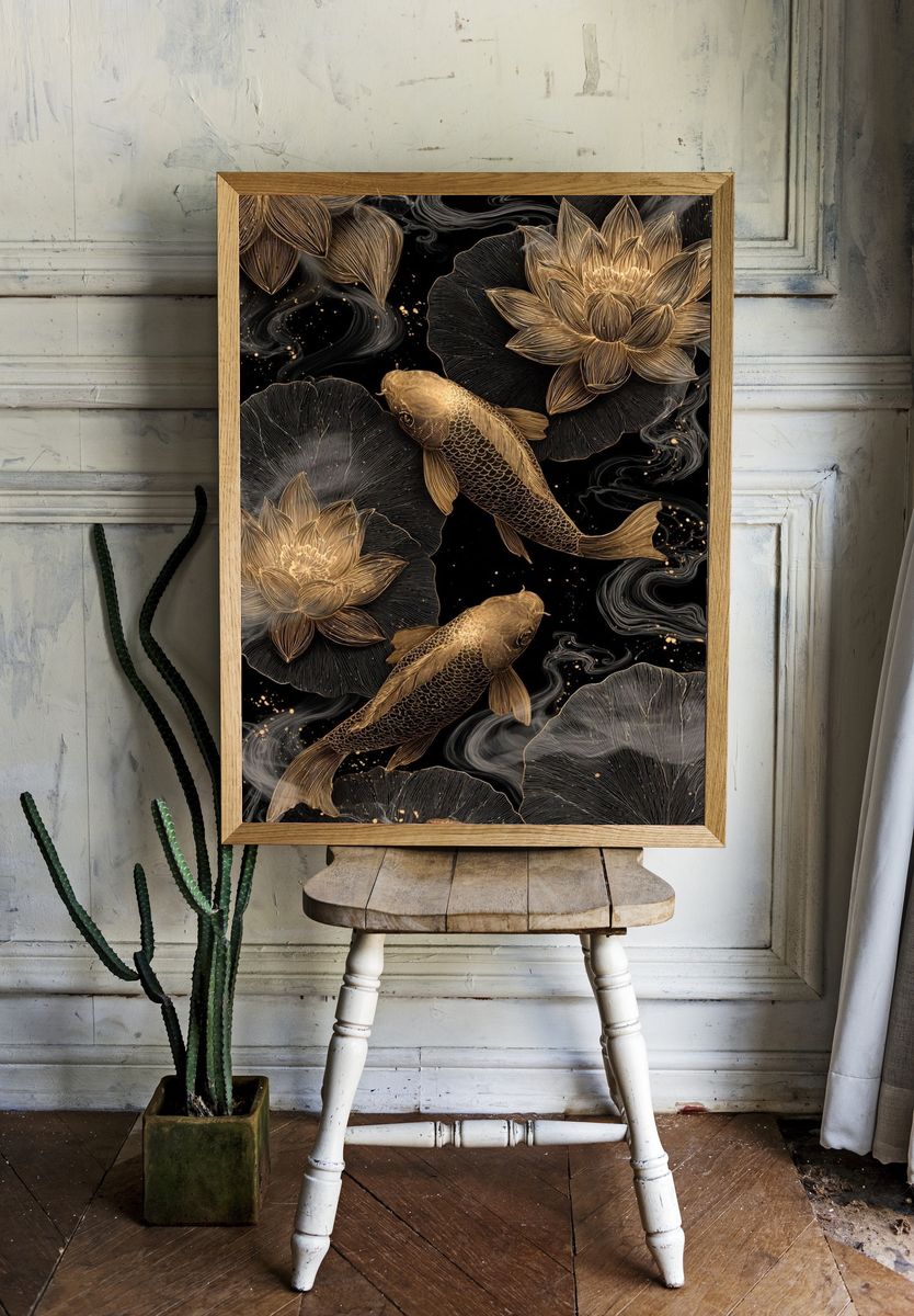Koi Fish and Lotus — Art Print. room preview