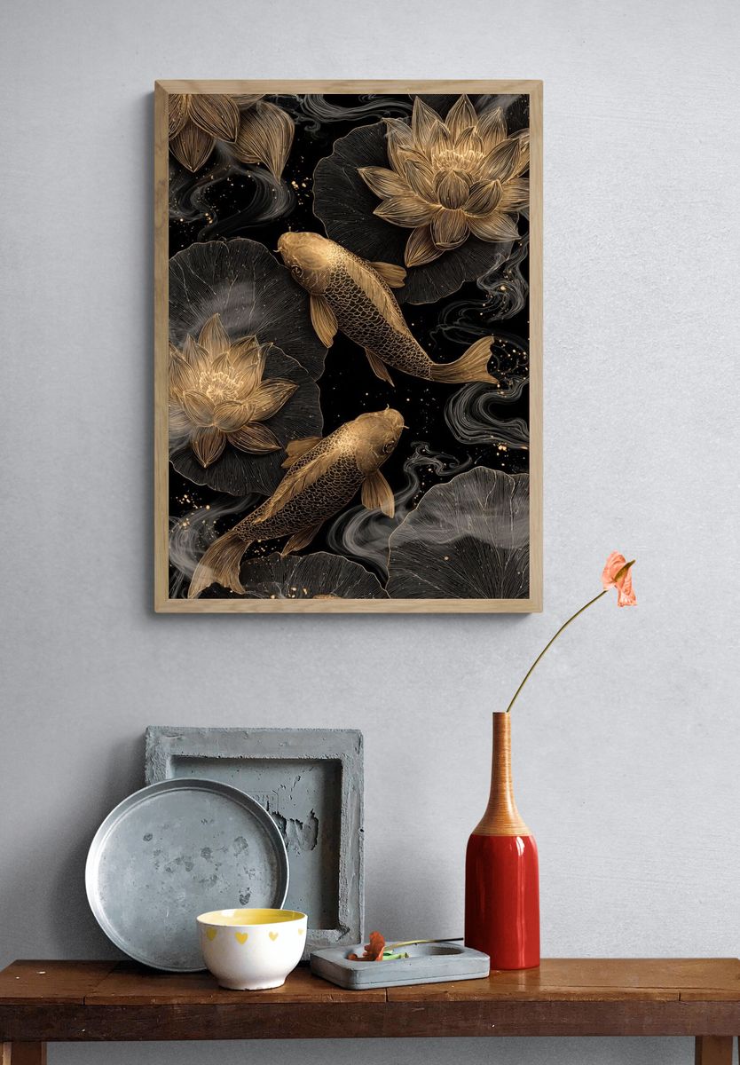 Koi Fish and Lotus — Art Print. — room view 3