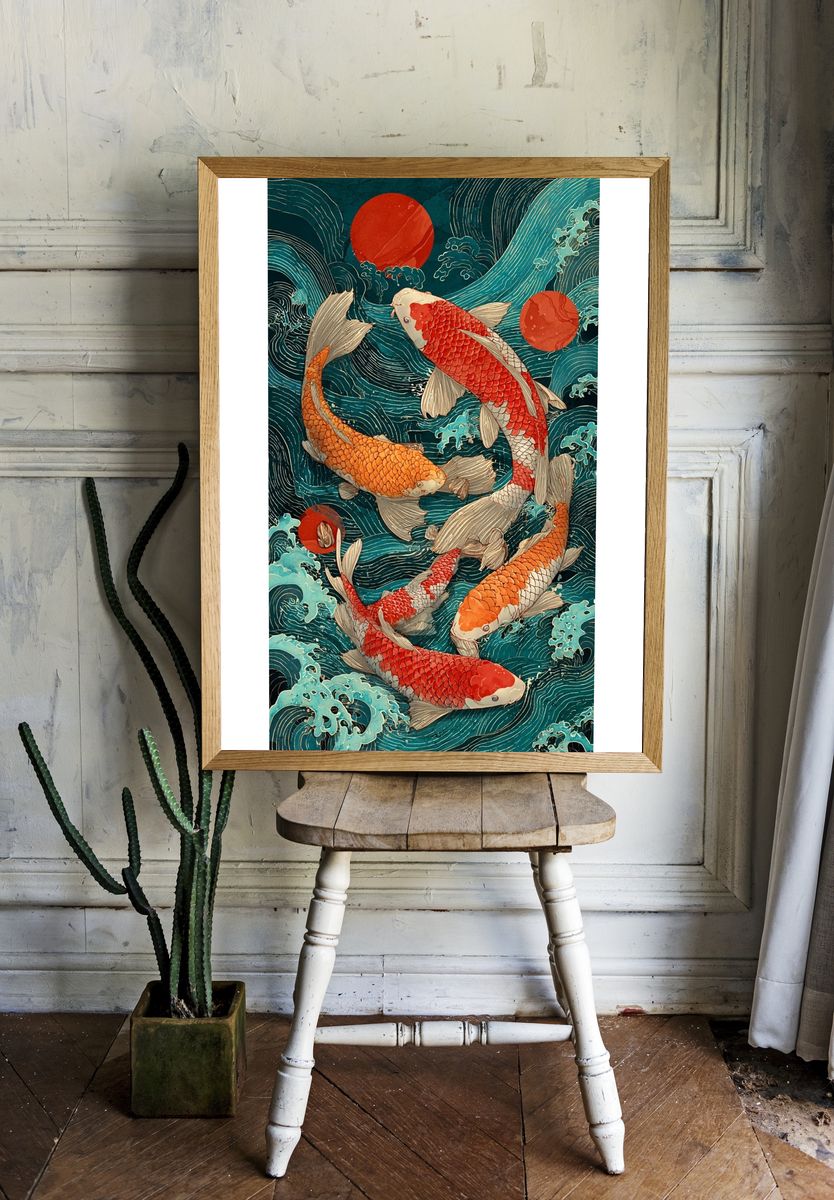 Koi Fish in Waves — Japanese Art Print. — room view 1