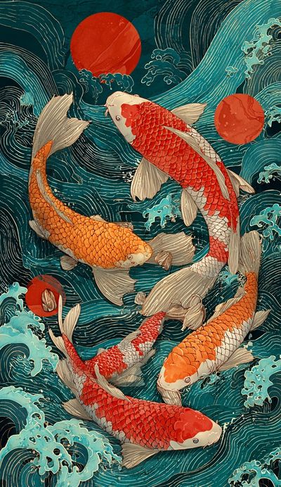 Koi Fish in Waves — Japanese Art Print. poster
