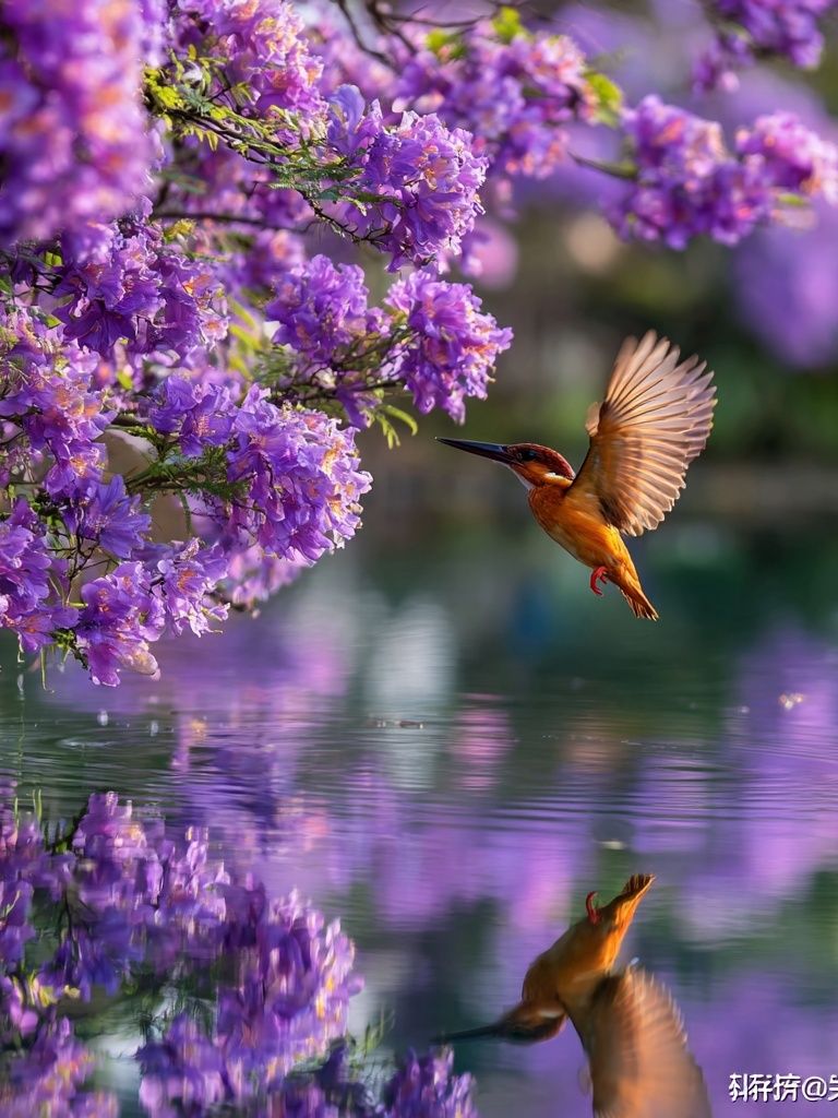 Kingfisher Among Purple Flowers Poster. poster detail