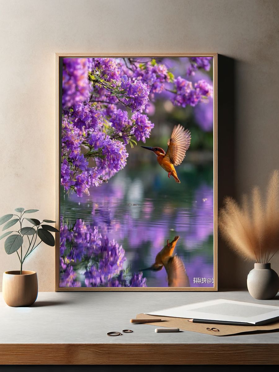 Kingfisher Among Purple Flowers Poster. — room view 2