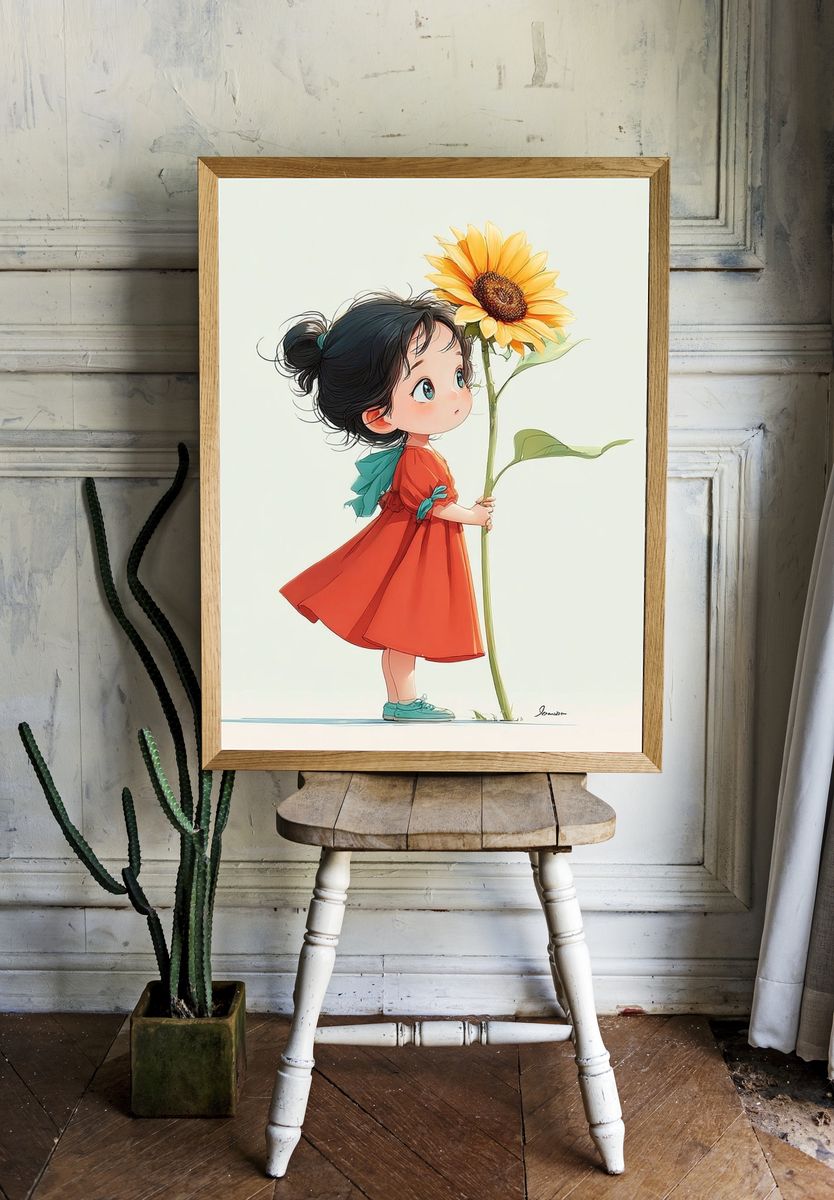 Little Girl with Sunflower — Illustration Print. room preview