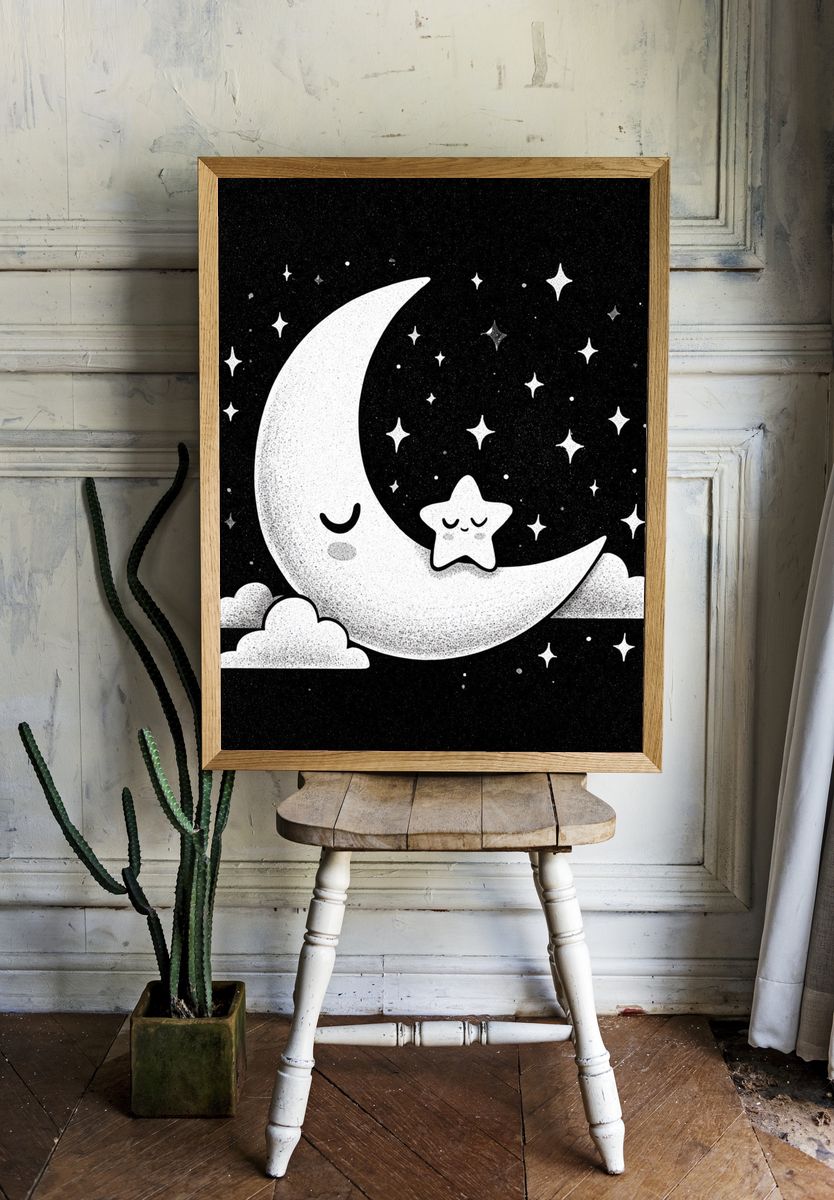 Sleepy Moon and Star Nursery Print. — room view 1