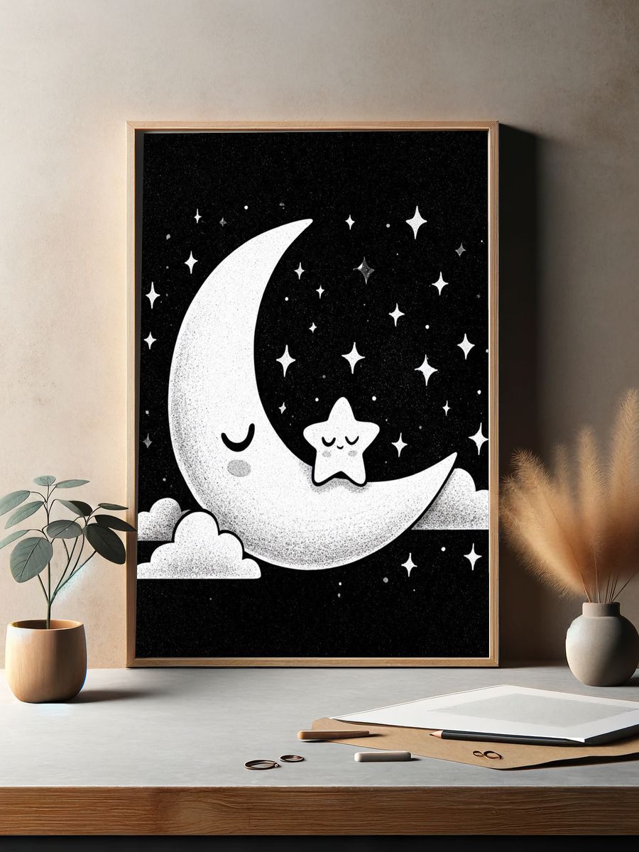 Sleepy Moon and Star Nursery Print. — room view 2