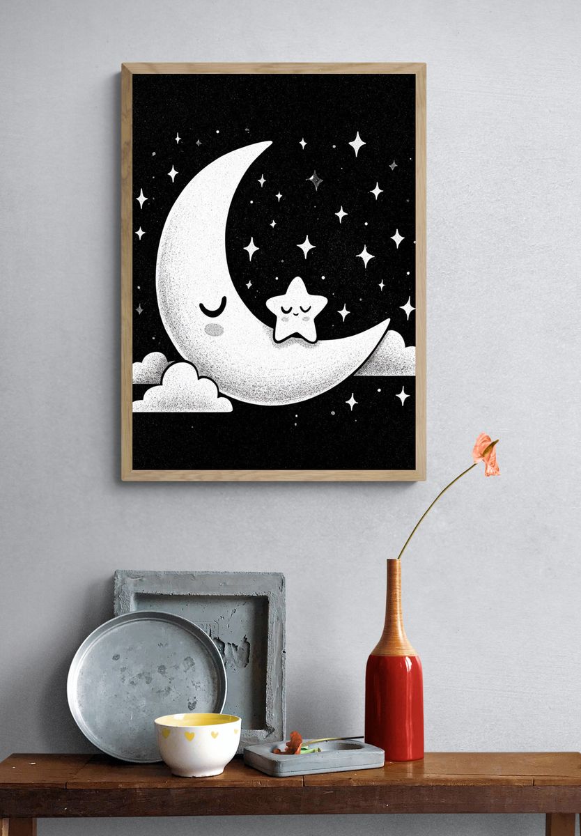 Sleepy Moon and Star Nursery Print. — room view 3