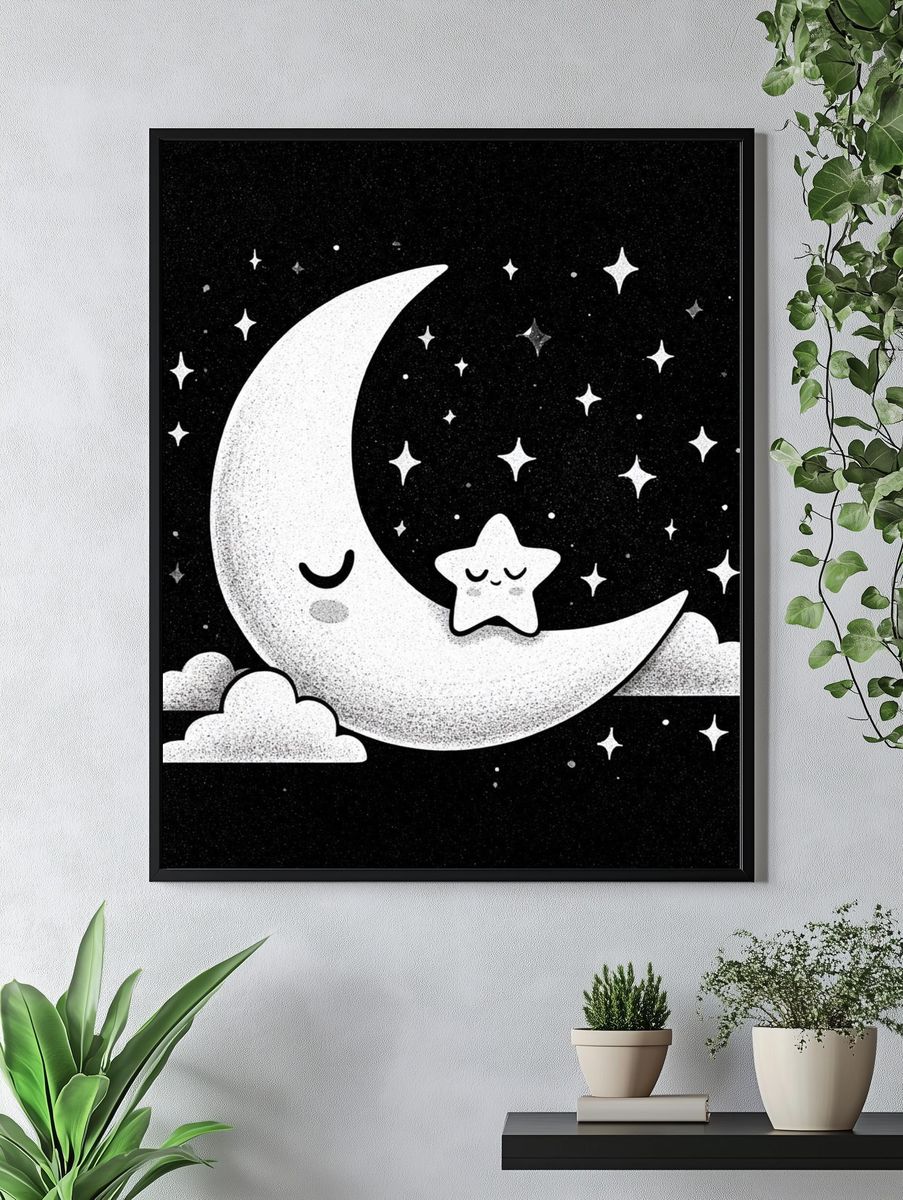 Sleepy Moon and Star Nursery Print. — room view 4