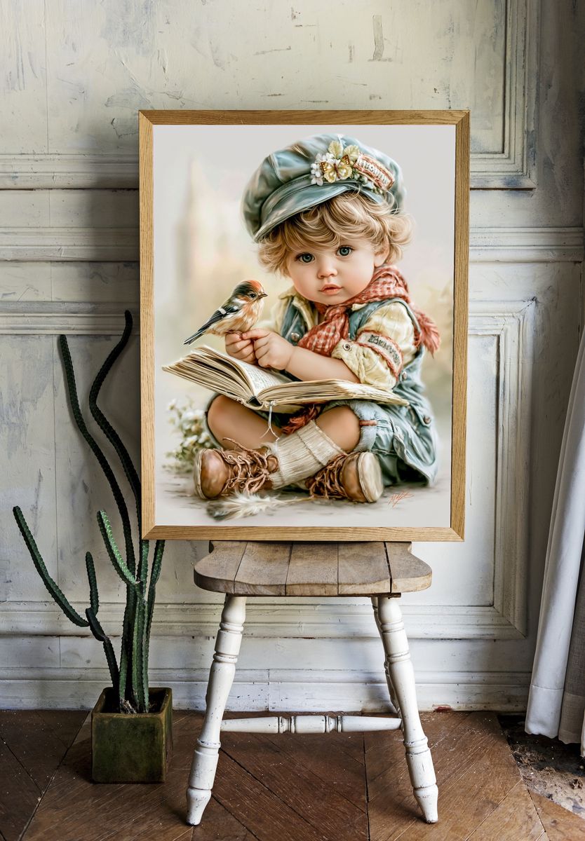 Little Reader with Bird Illustration Print. — room view 1