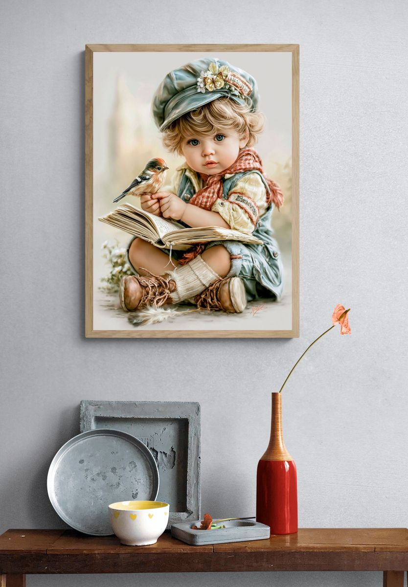 Little Reader with Bird Illustration Print. — room view 3