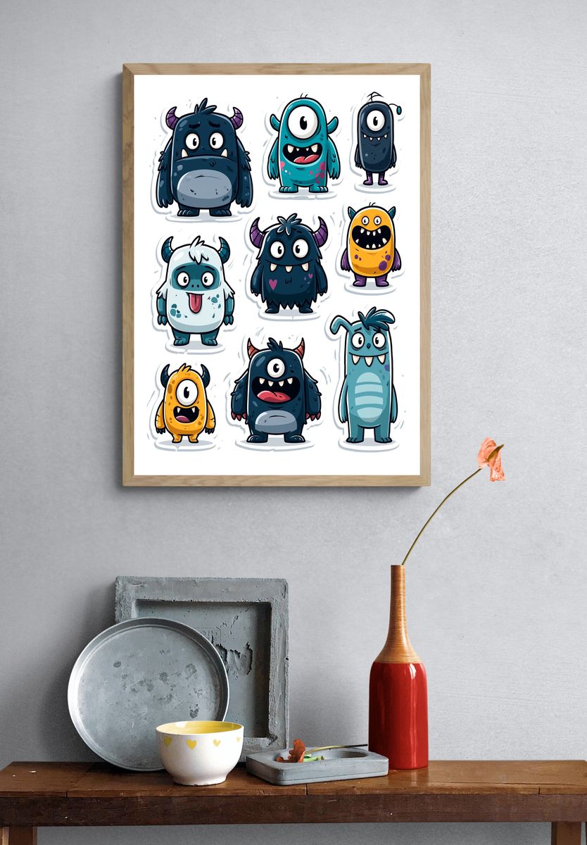 Cute Monster Characters Illustration Poster. — room view 3