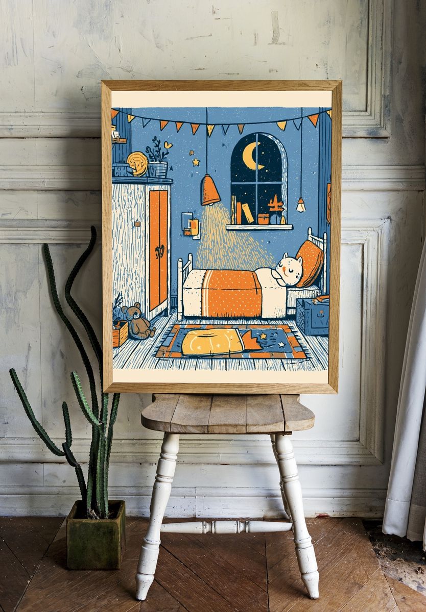 Cozy Cat Bedroom Illustration Poster. room preview