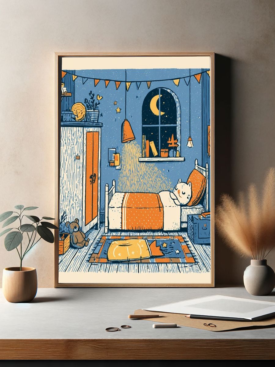Cozy Cat Bedroom Illustration Poster. — room view 2