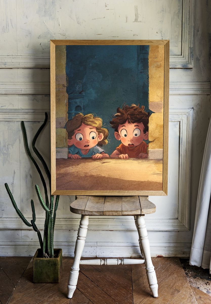 Curious Children in Doorway Illustration Poster. room preview
