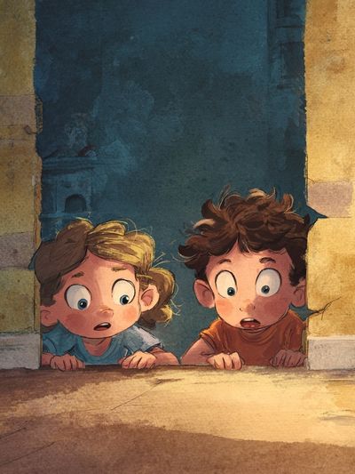 Curious Children in Doorway Illustration Poster.