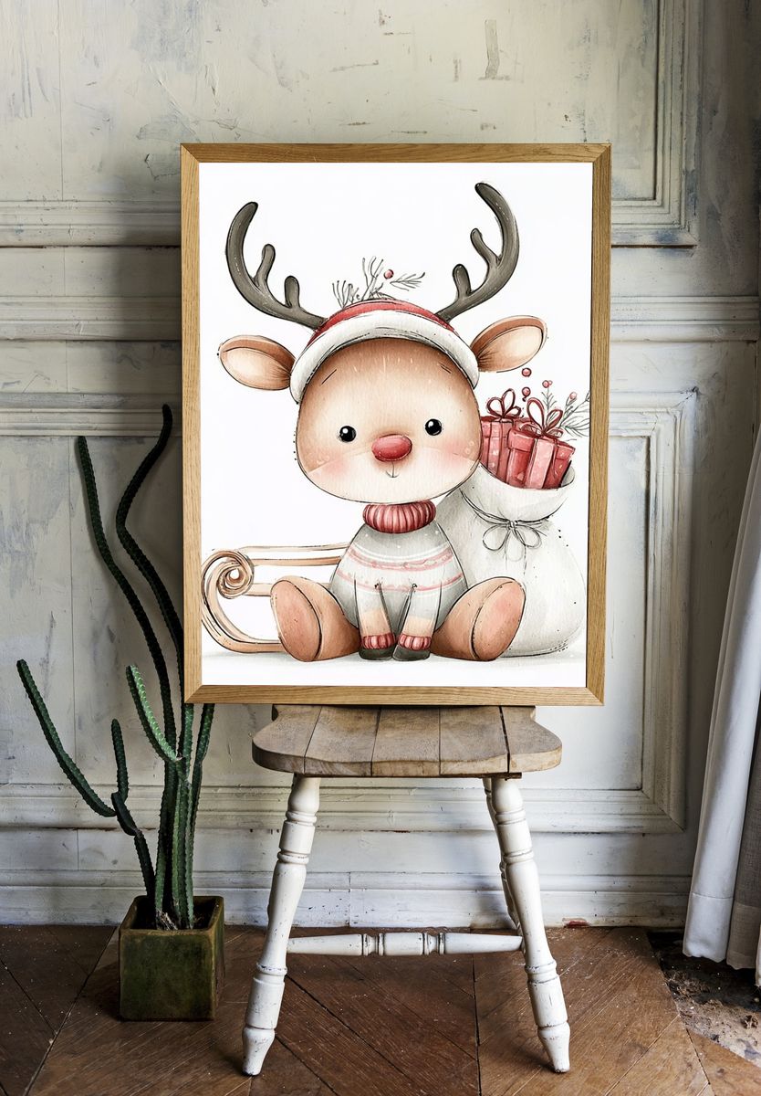 Christmas Reindeer Watercolor Print. — room view 1