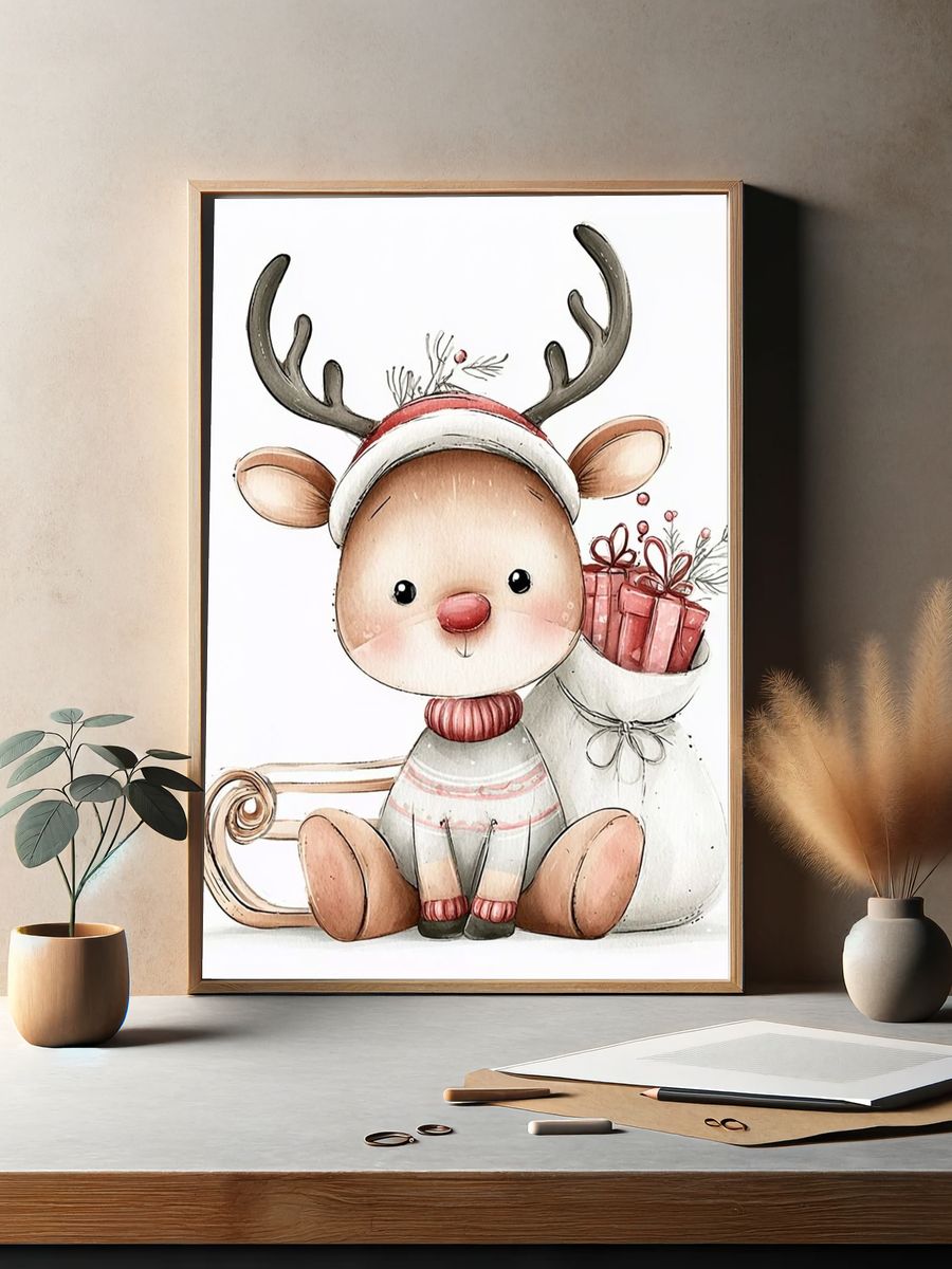 Christmas Reindeer Watercolor Print. — room view 2
