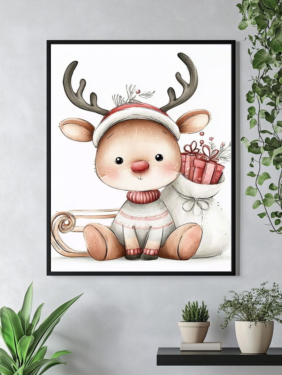 Christmas Reindeer Watercolor Print. — room view 4