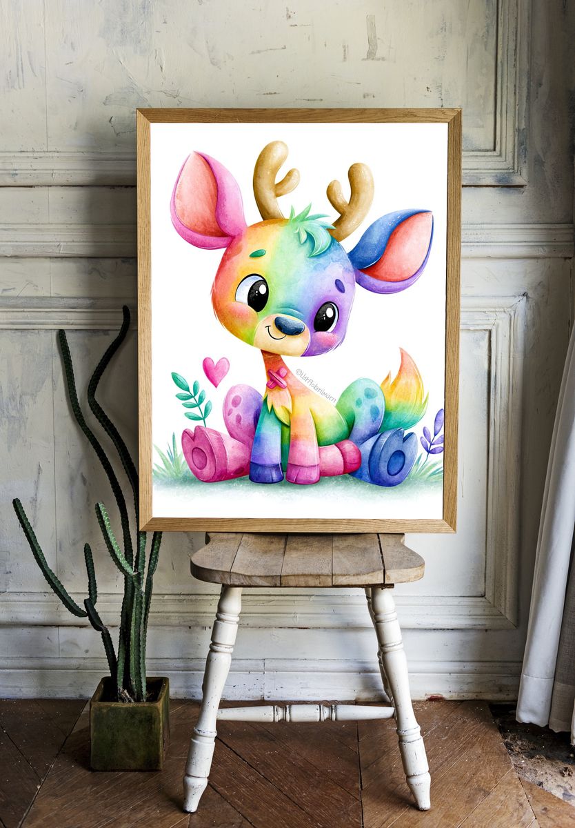 Rainbow Deer Watercolor Poster. — room view 1