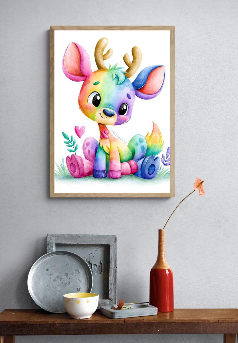 Rainbow Deer Watercolor Poster. — room view 3