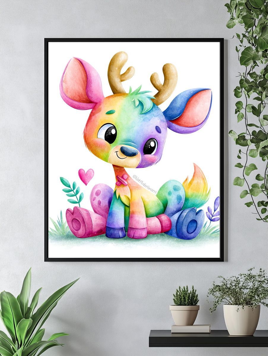 Rainbow Deer Watercolor Poster. — room view 4