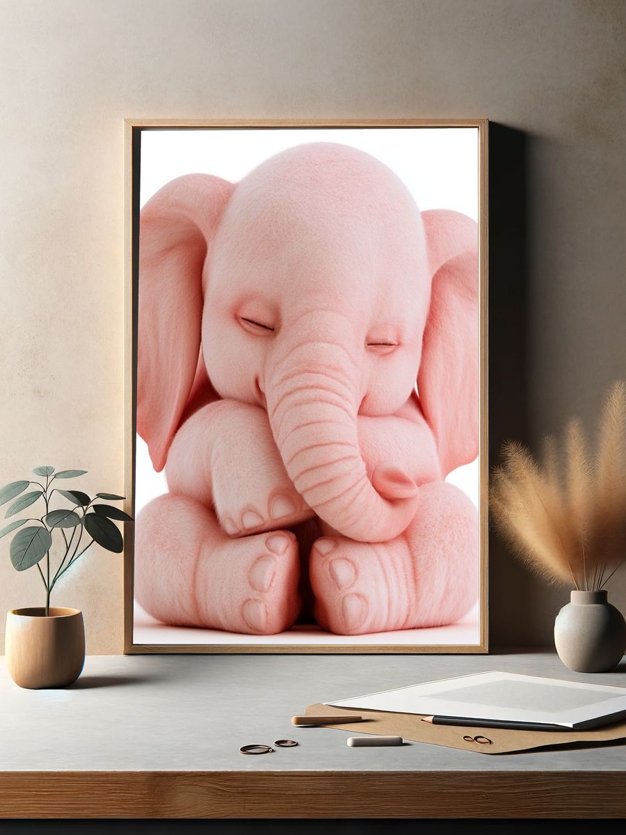 Sleeping Pink Elephant Illustration Poster. — room view 2