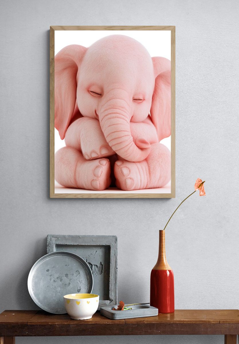 Sleeping Pink Elephant Illustration Poster. — room view 3