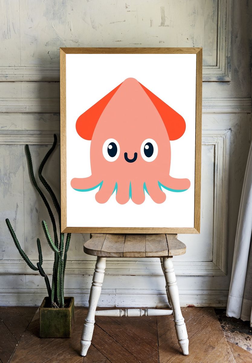 Cute Squid Cartoon Print. — room view 1