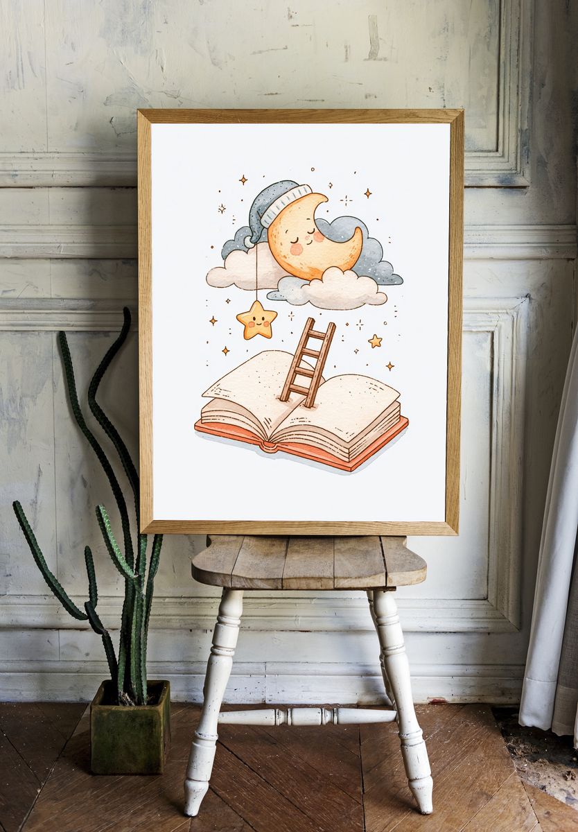 Dreamy Moon and Book Illustration Poster. room preview