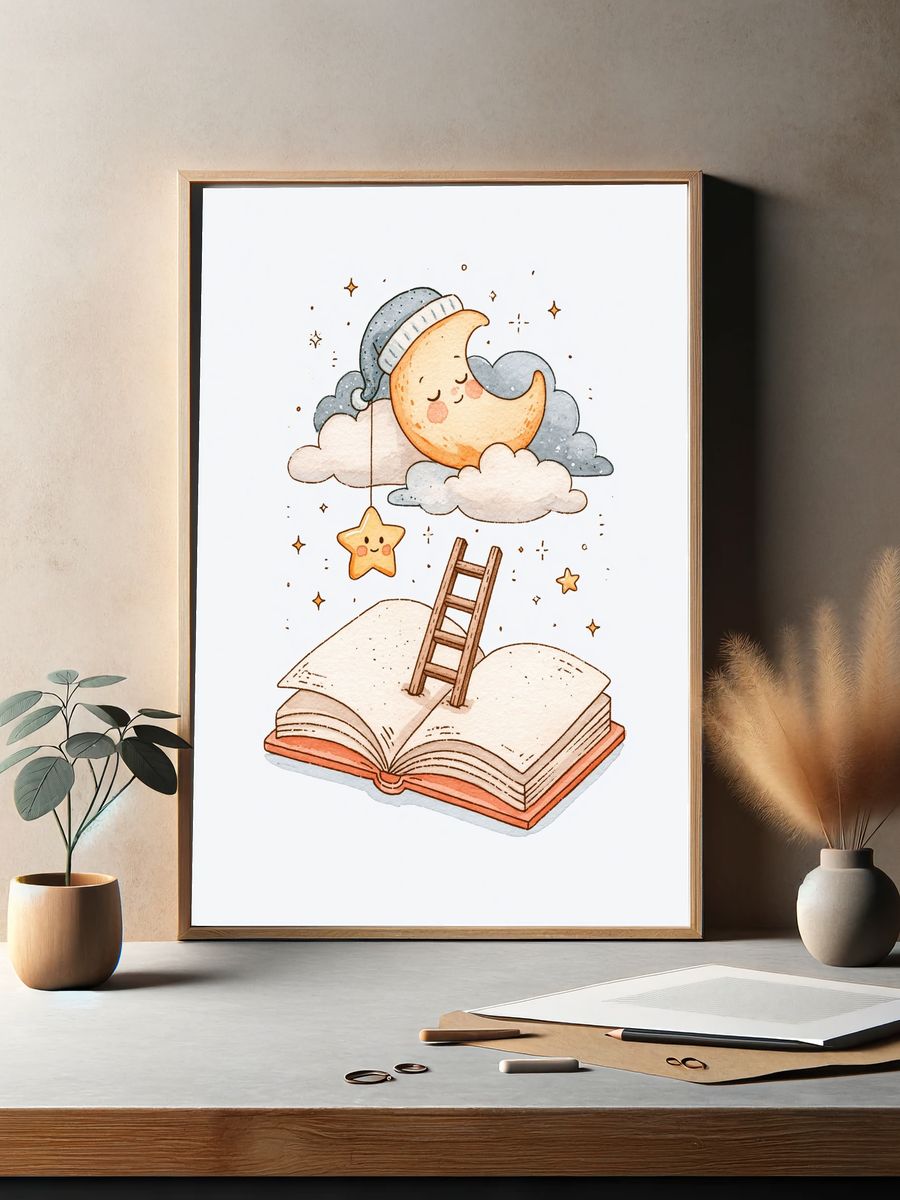 Dreamy Moon and Book Illustration Poster. — room view 2