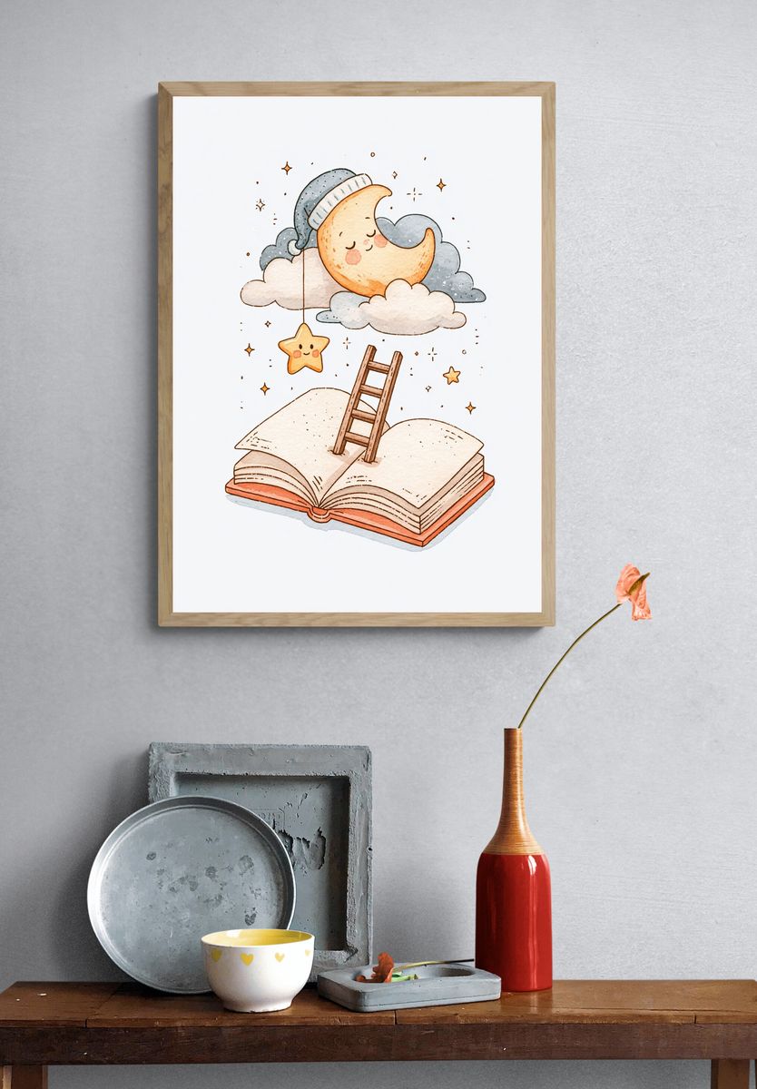 Dreamy Moon and Book Illustration Poster. — room view 3