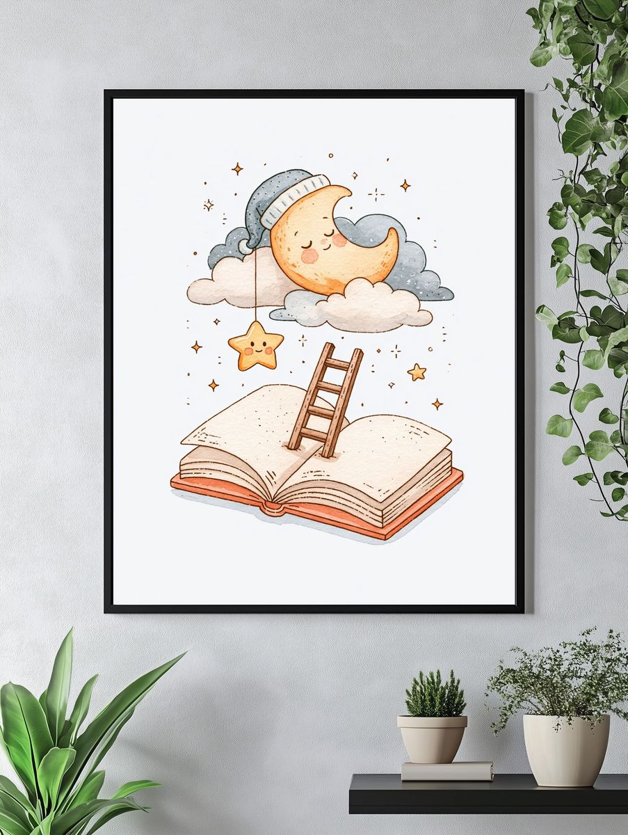 Dreamy Moon and Book Illustration Poster. — room view 4