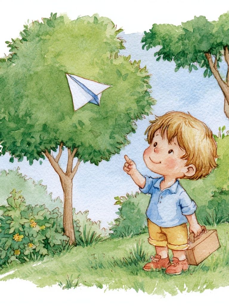 Boy Flying Paper Plane Watercolor Print. poster detail