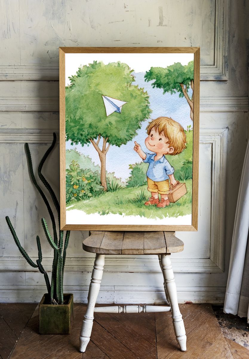 Boy Flying Paper Plane Watercolor Print. — room view 1