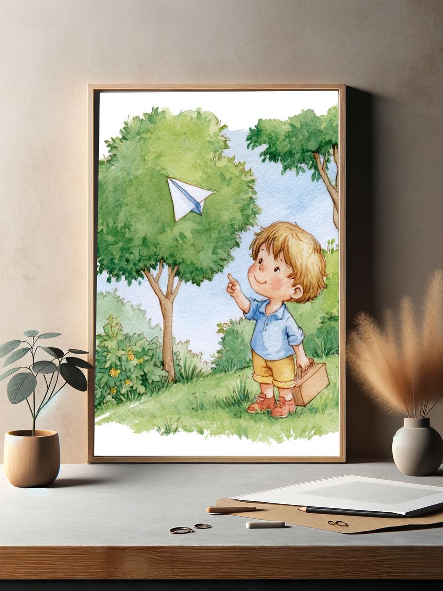 Boy Flying Paper Plane Watercolor Print. — room view 2