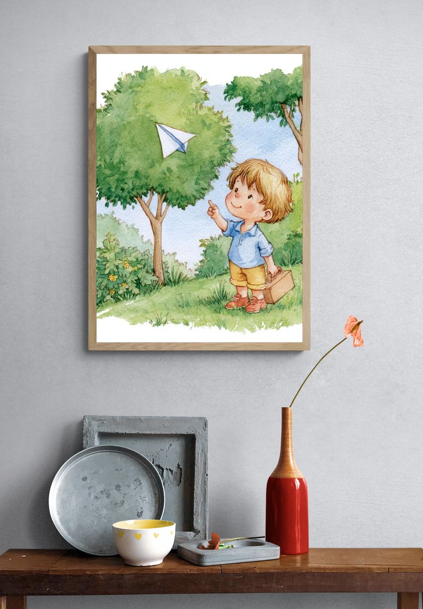 Boy Flying Paper Plane Watercolor Print. — room view 3