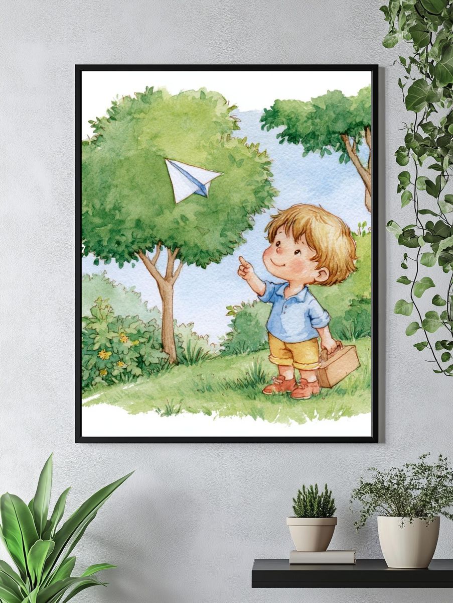 Boy Flying Paper Plane Watercolor Print. — room view 4