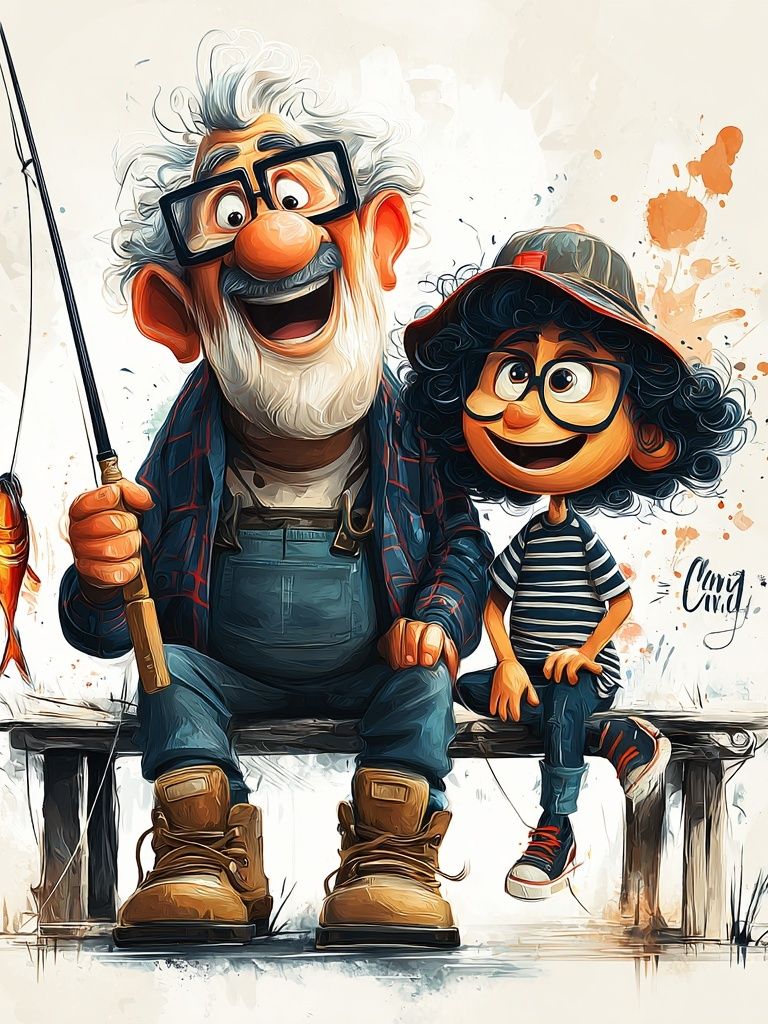 Grandfather and Grandchild Fishing — Illustration Print. poster detail