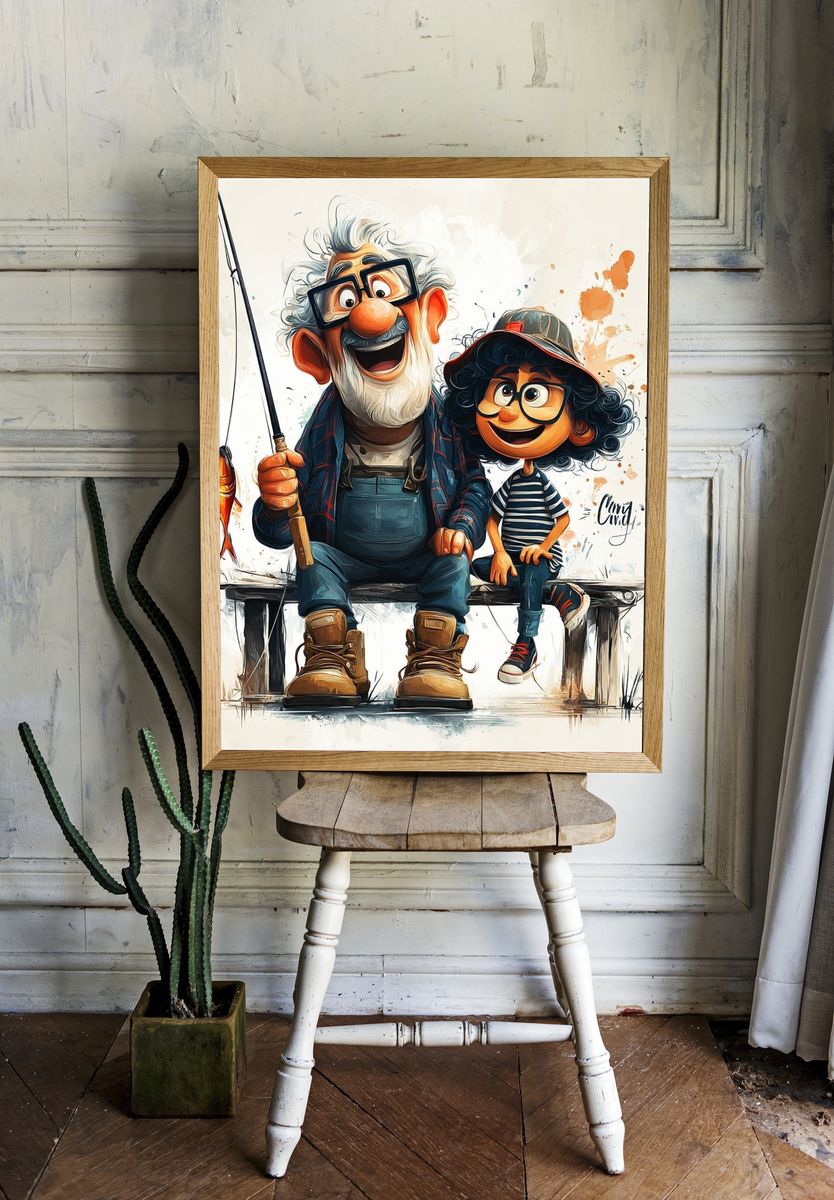 Grandfather and Grandchild Fishing — Illustration Print room preview