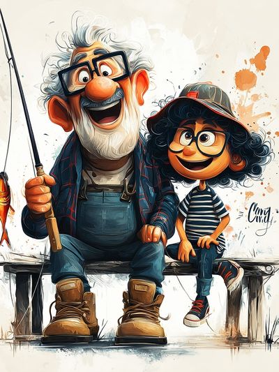 Grandfather and Grandchild Fishing — Illustration Print. poster print