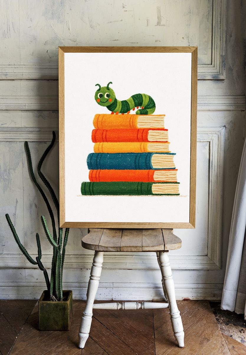 Caterpillar on Books Illustration Poster. — room view 1