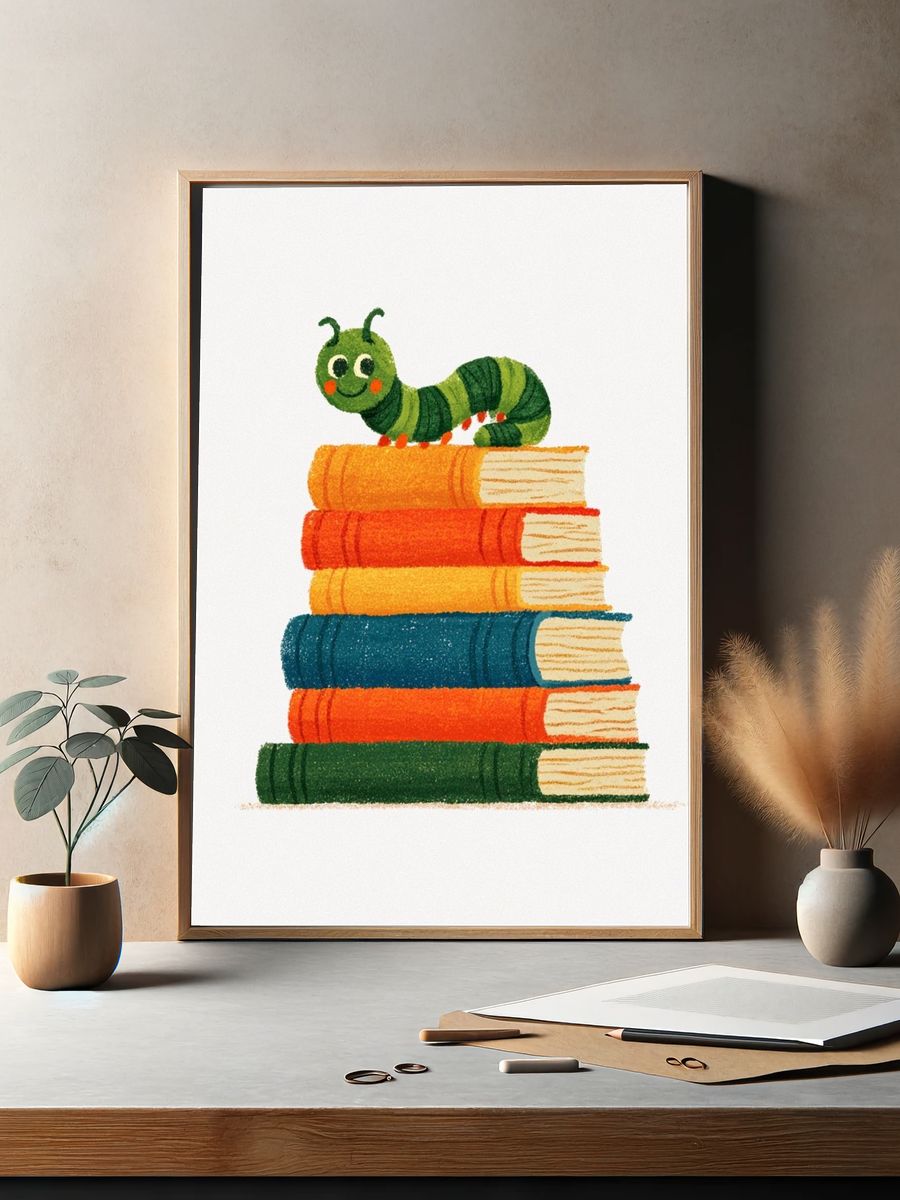 Caterpillar on Books Illustration Poster. — room view 2