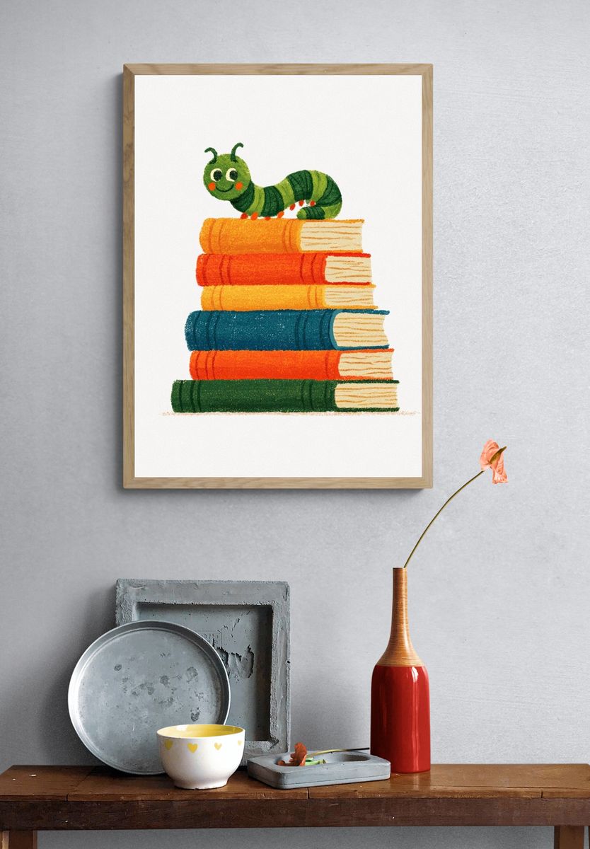 Caterpillar on Books Illustration Poster. — room view 3