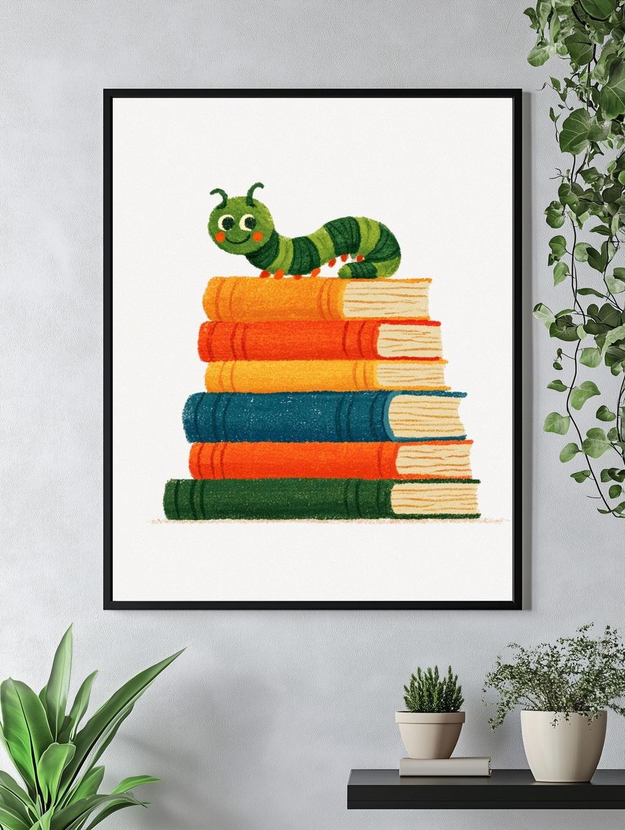 Caterpillar on Books Illustration Poster. — room view 4
