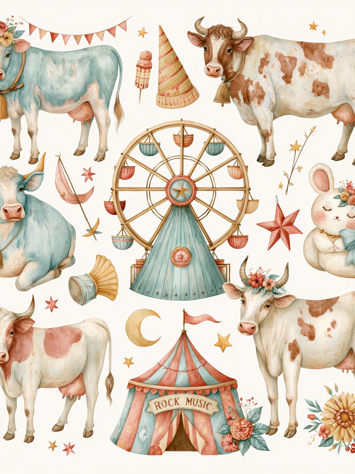 Circus Cows Watercolor Poster. poster detail